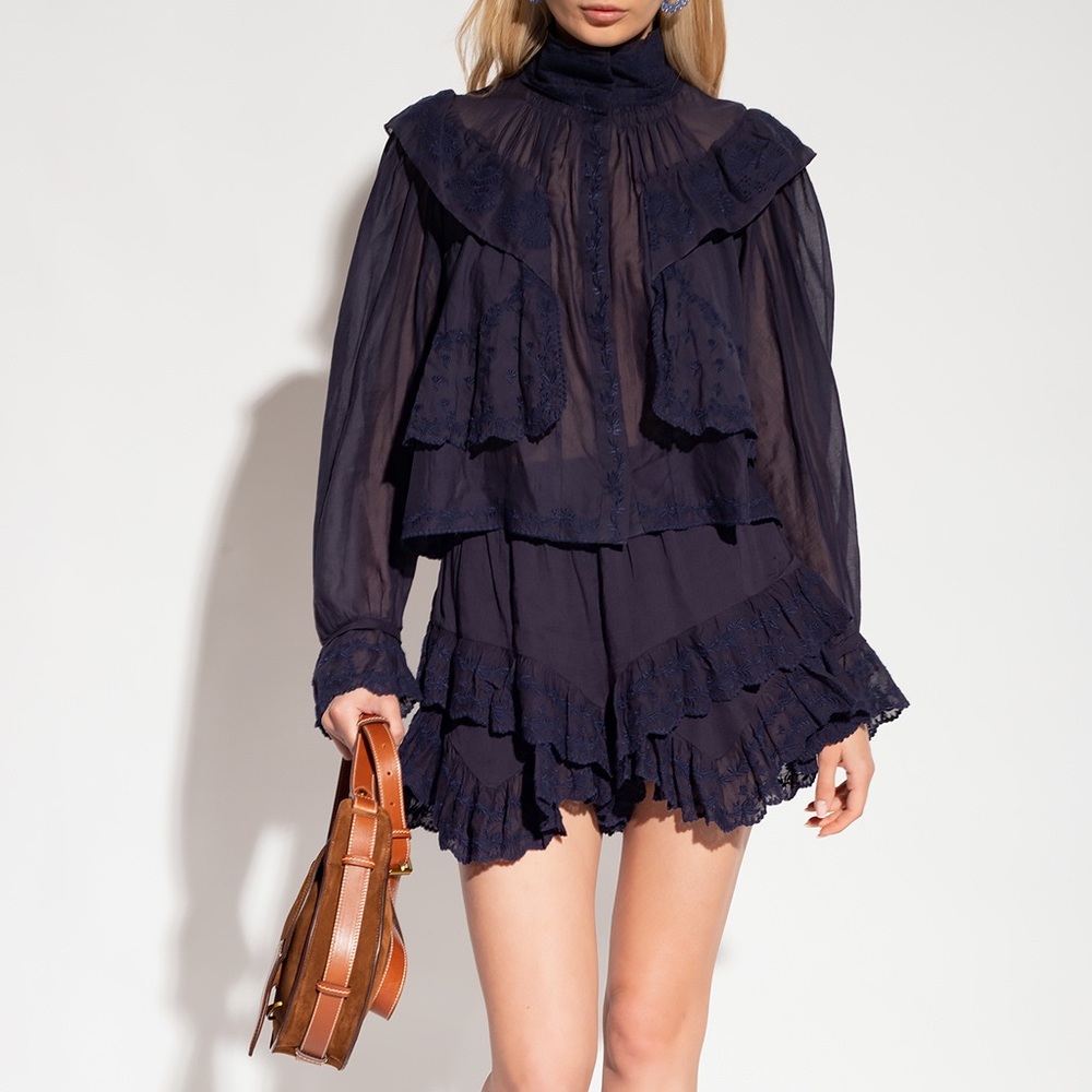 Isabel Marant Navy Ruffled High-Waist Shorts